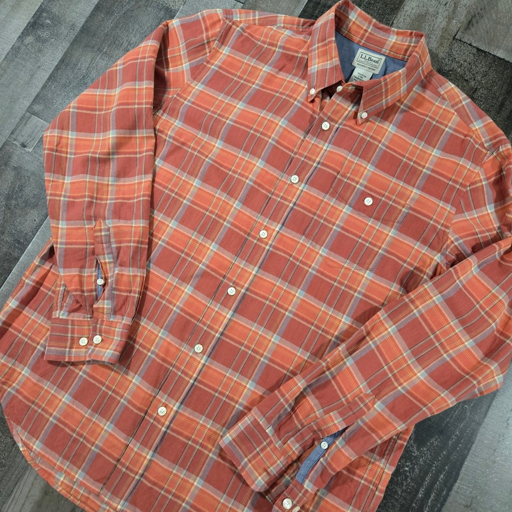 LL Bean Mens Large Slightly Fitted Plaid Button Down Shirt Orange Cotton 501136